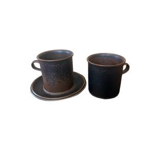 Vintage Duos Arabia Finland Ruska Stoneware 2 Coffee Cups & Saucer